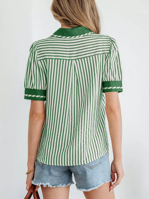 Collared split neck green and white striped blouse with bubble sleeves.