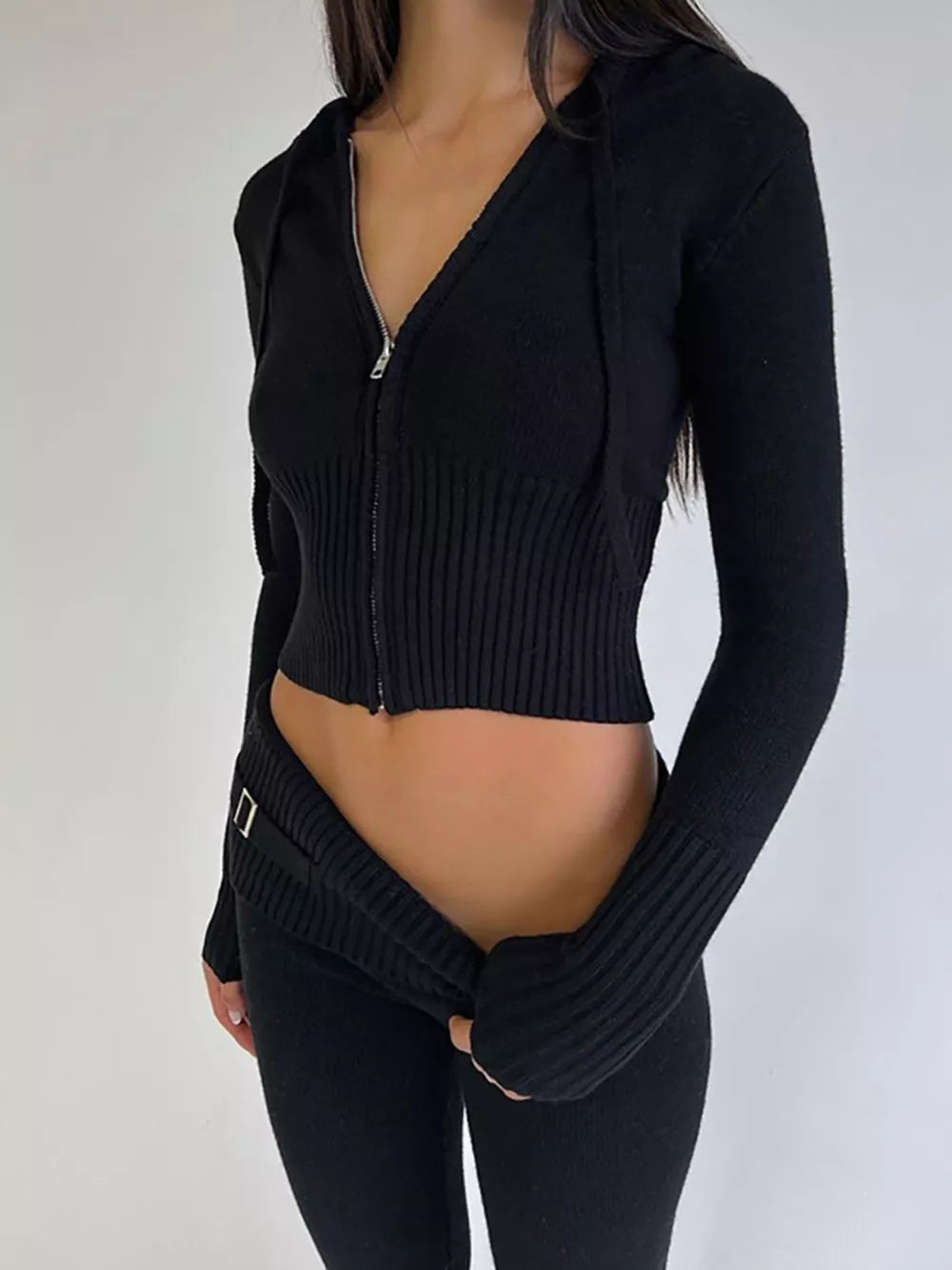 Black Zip Up Hooded Cardigan And Pants Sweater Set