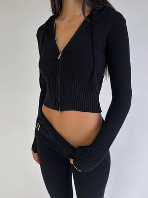 Black Zip Up Hooded Cardigan And Pants Sweater Set