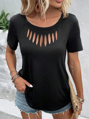 Black short-sleeve t-shirt with a cutout detail at the neckline.