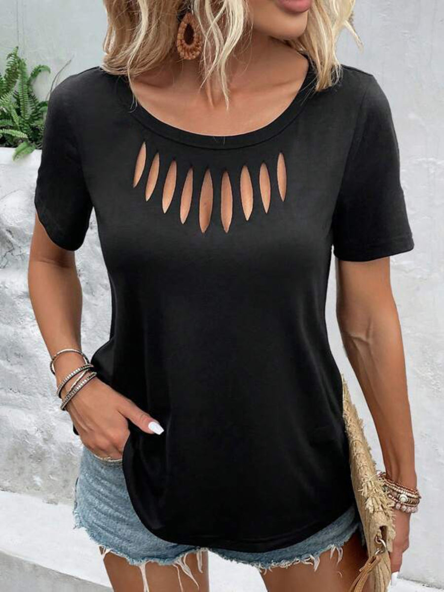 Black short-sleeve t-shirt with a cutout detail at the neckline.