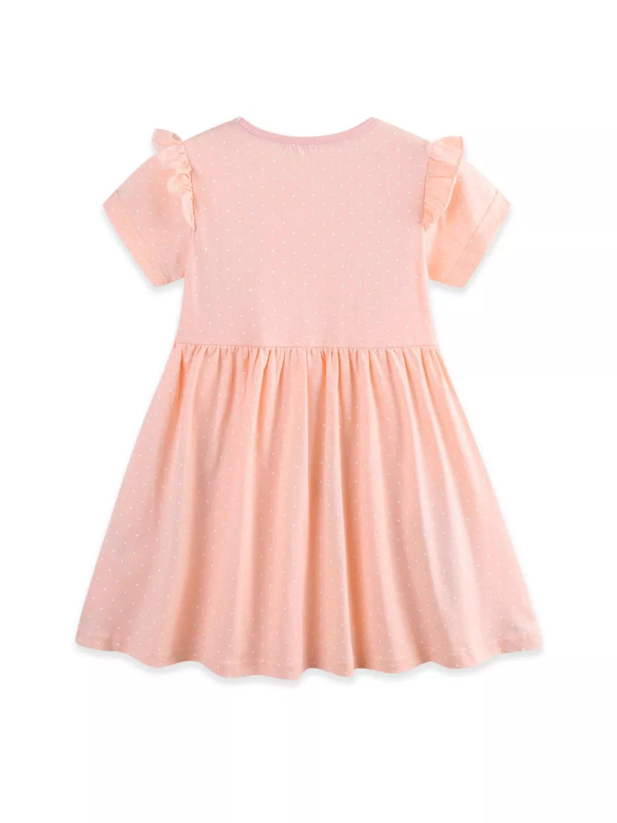 Pink cotton toddler dress with white polka dots, ruffled sleeves, and a gathered A-line skirt.