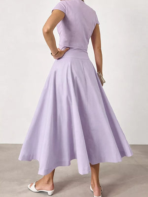 Cap Sleeve Button-down Crop Top And Midi Skirt Set in Light Blue with buttoned