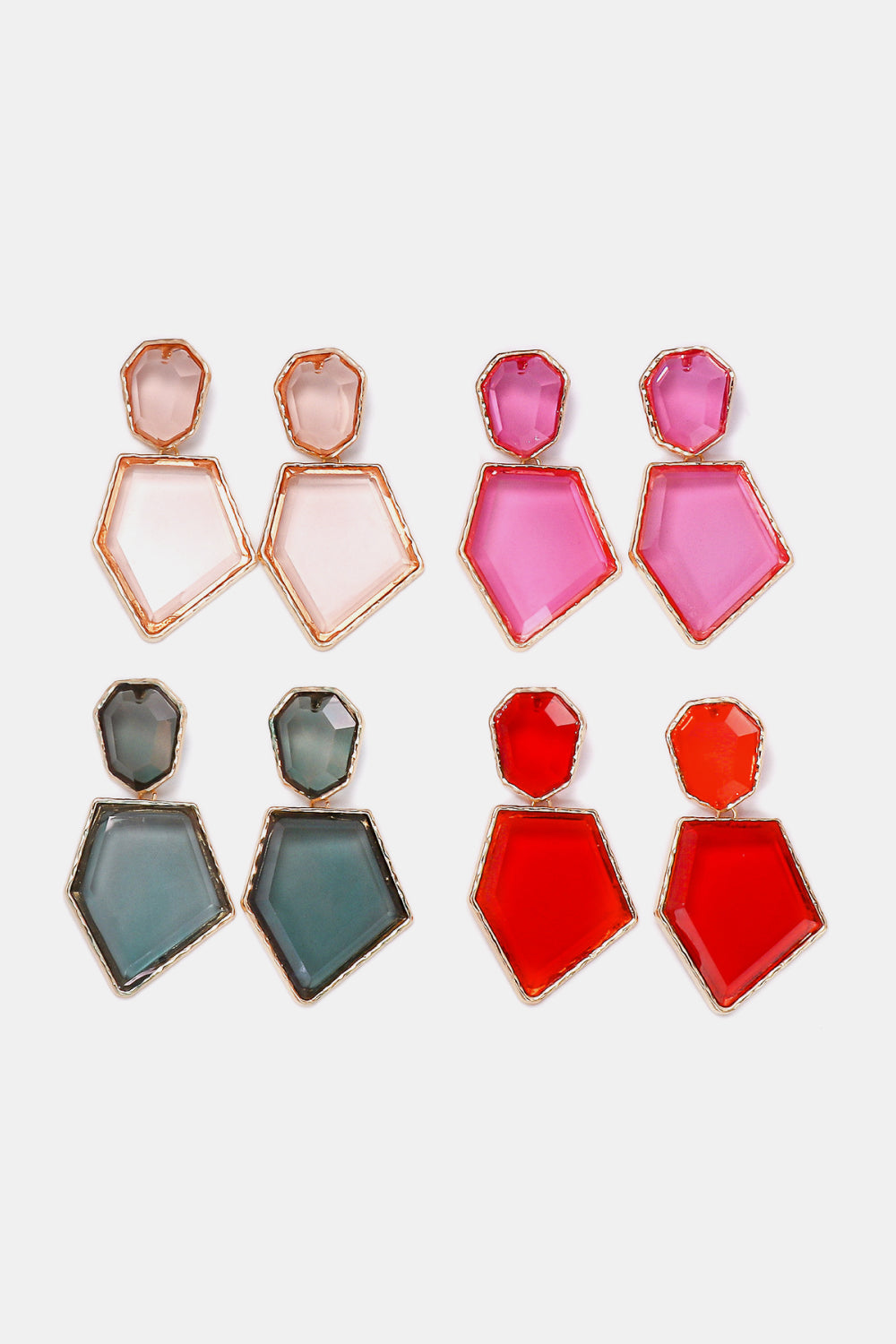 Resin facet drop earrings with gold trim in pink, blush pink, dark gray, and red.