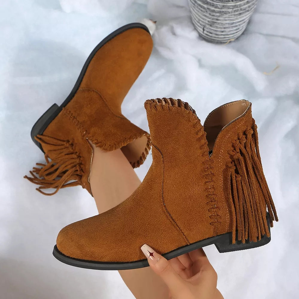 ankle boots in camel with fringe detail and ankle-length