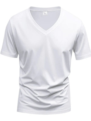 White V-neck t-shirt with short sleeves and a modern muscle fit.
