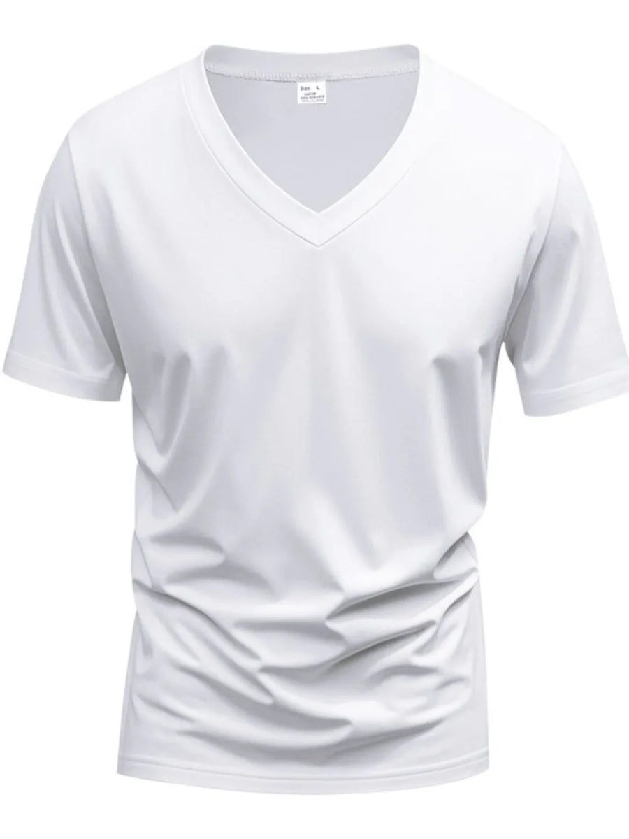 White V-neck t-shirt with short sleeves and a modern muscle fit.