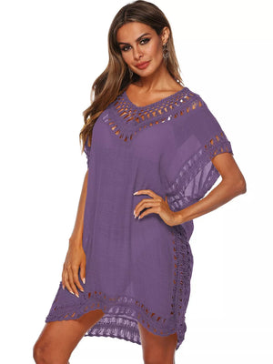 Dark Purple crochet V-neck cover-up dress with cutout details and short sleeves.