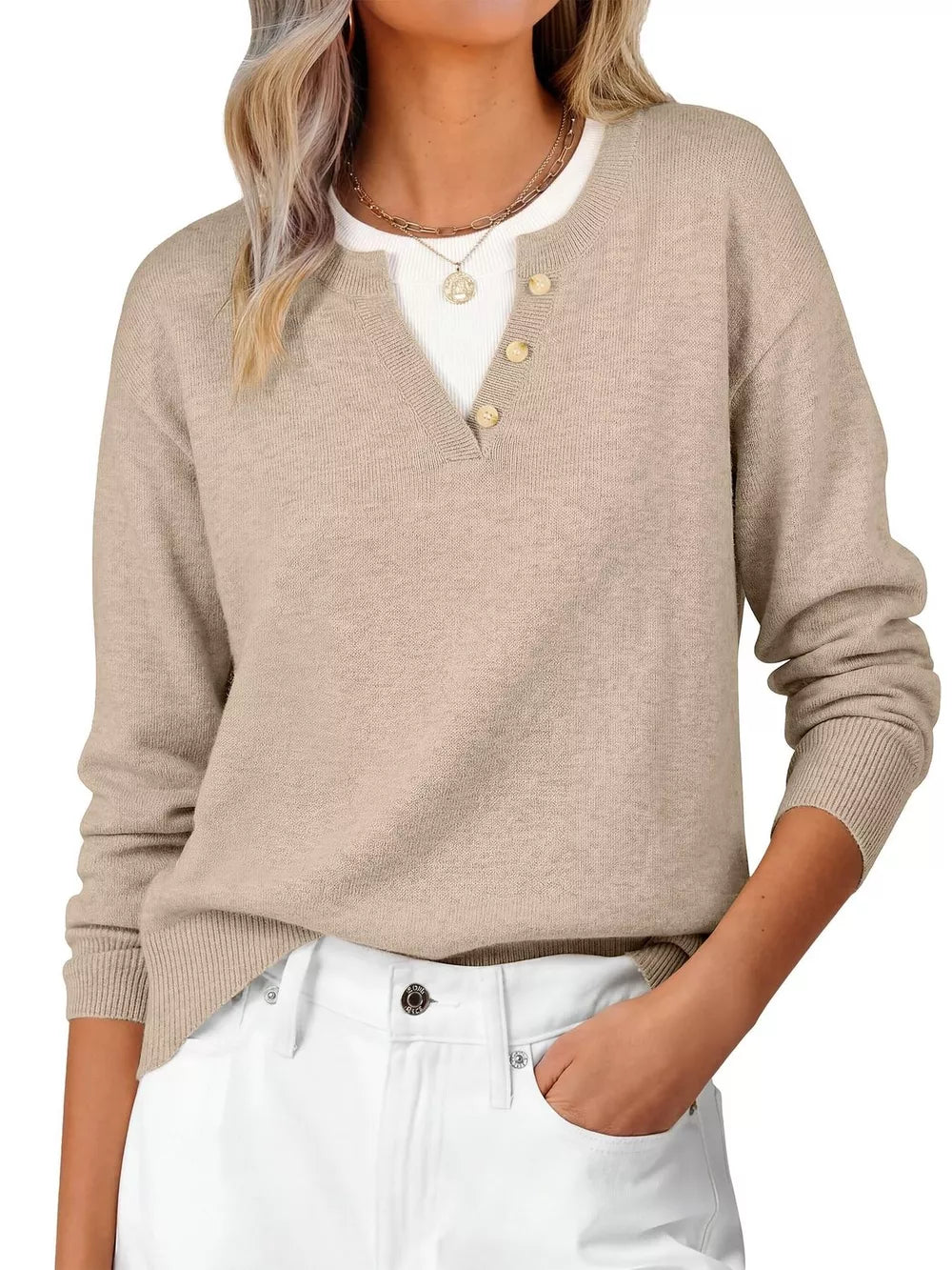 pullover sweater in light beige featuring buttoned and relaxed fit