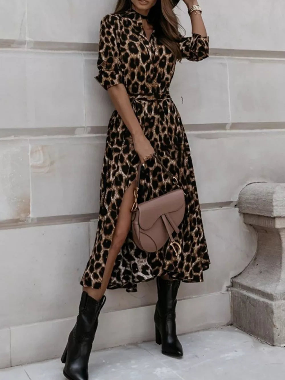 Leopard Print Button-down Midi Dress With Belt option 7