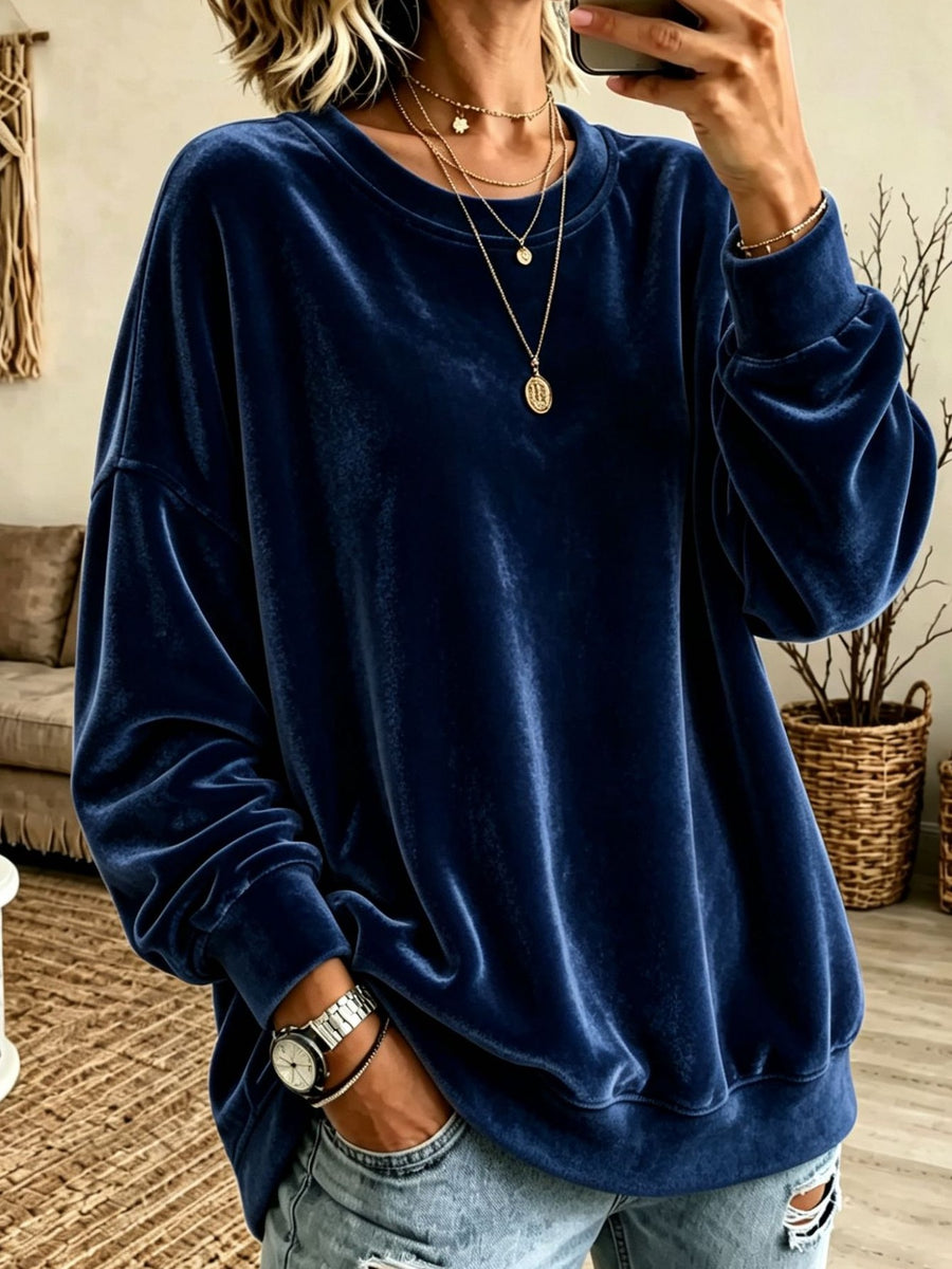 Loose Fit Velvet Dropped Shoulder Sweatshirt in Pink with dropped shoulder