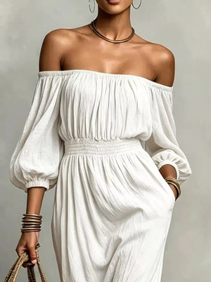 Orange relaxed maxi dress with off-shoulder