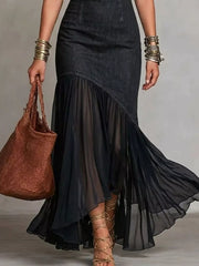 denim blue A-line maxi dress with mock neck