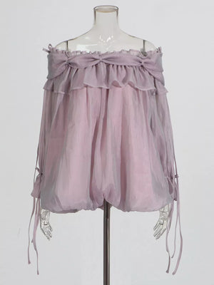 Light purple off-shoulder ruffled maternity blouse with bow details and adjustable tie sleeves