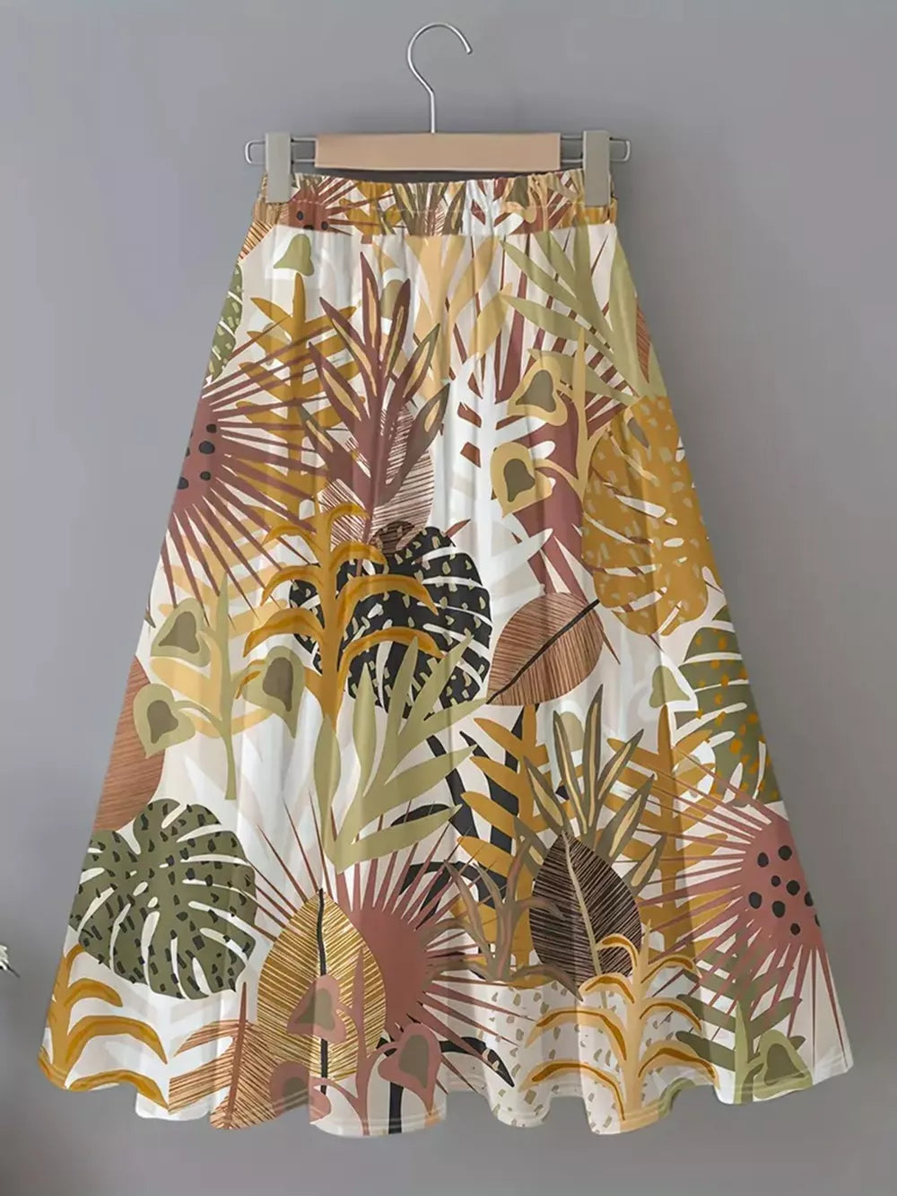 A-line skirt with elastic waist and colorful tropical leaf print