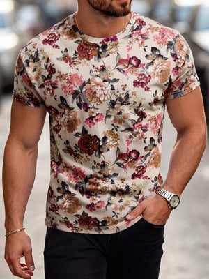 light beige t-shirt with floral and crew neck