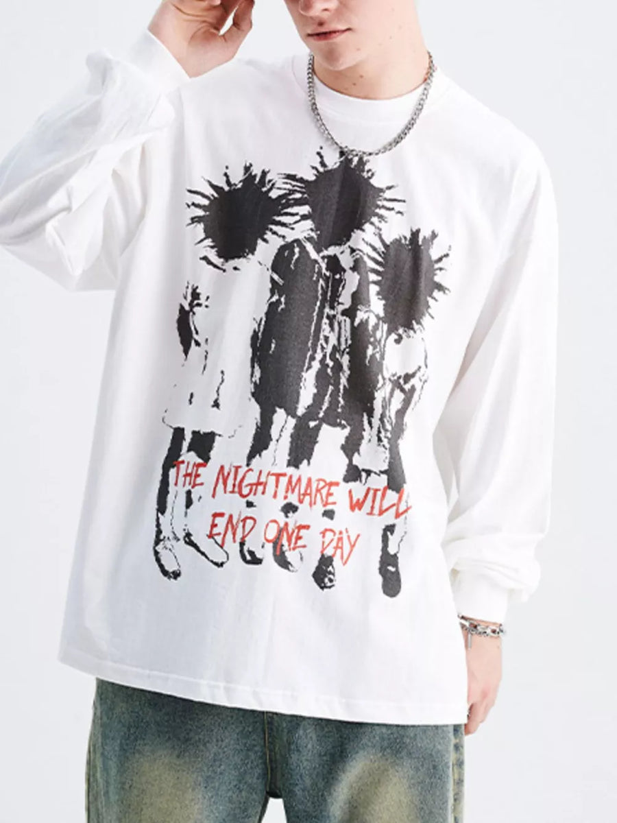 White cotton long sleeve tee with graphic print and red text.