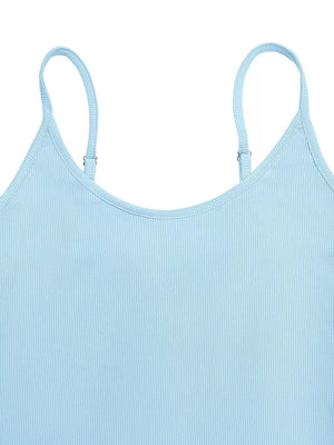 Light blue ribbed maxi dress with adjustable spaghetti straps and a scoop neckline.