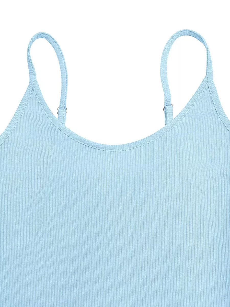 Light blue ribbed maxi dress with adjustable spaghetti straps and a scoop neckline.
