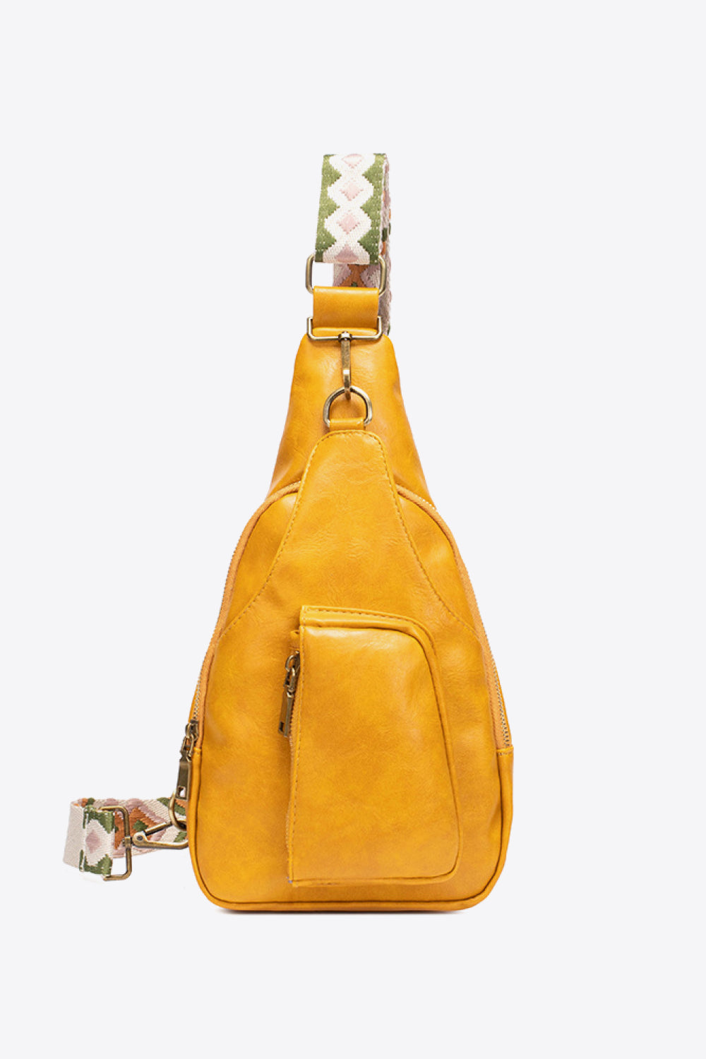 Yellow textured sling bag with woven strap detail and front zip pocket