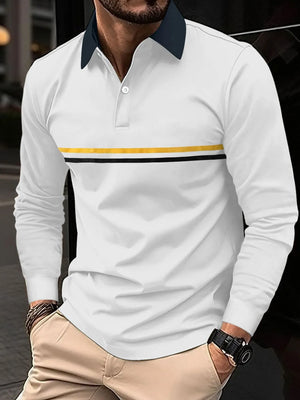 White long sleeve polo with navy collar and horizontal stripe detail