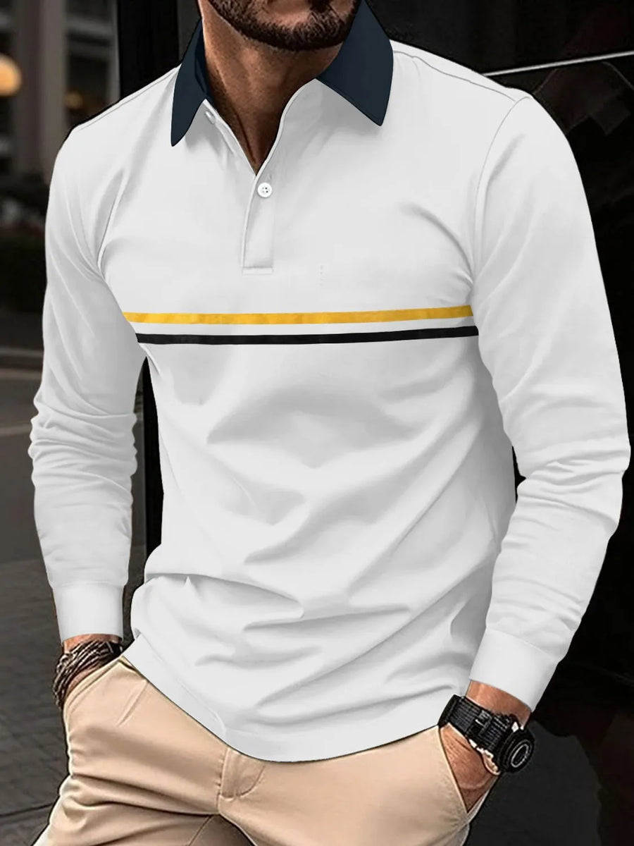 White long sleeve polo with navy collar and horizontal stripe detail