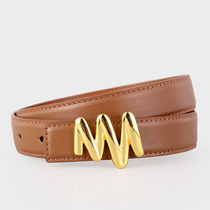 Brown cowhide leather belt with glossy gold wavy buckle