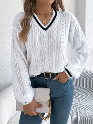 V-Neck Knit Sweater in Light Blue with cable-knit