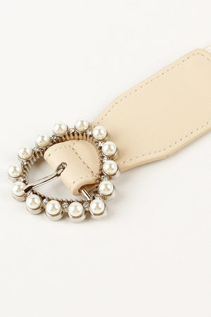 Pearl-embellished heart buckle stretch belt in ivory with alloy details