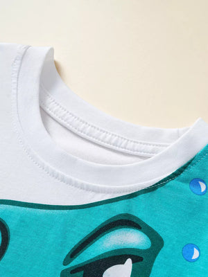 White t-shirt with round neck and teal graphic print of eyes and bubbles
