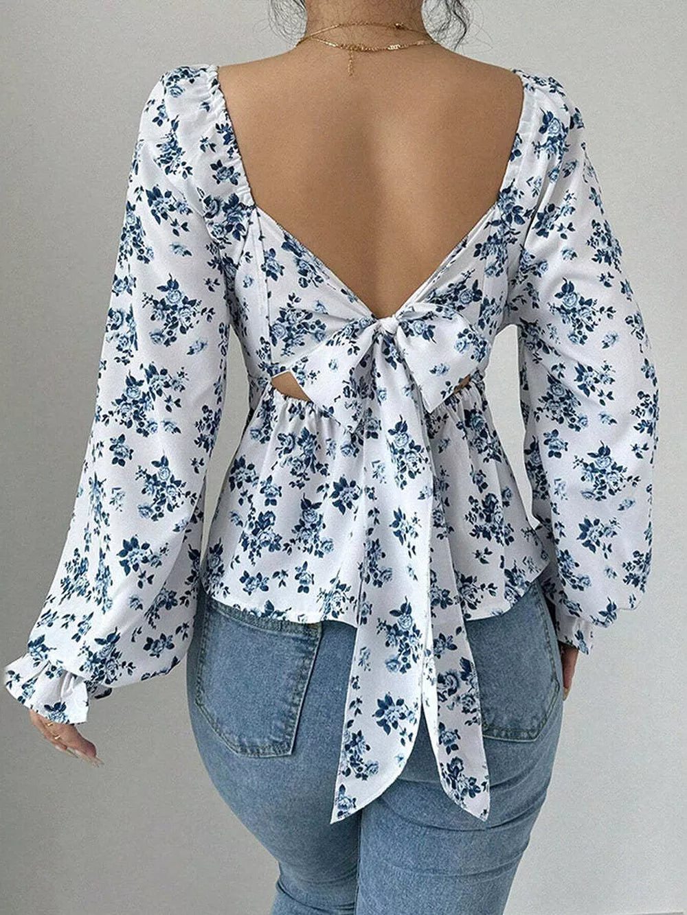 Floral Print Square Neck Peplum Blouse in Floral