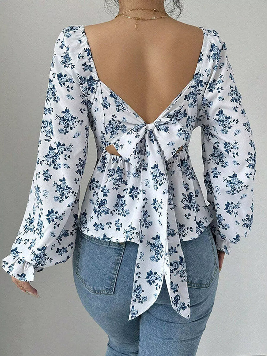 Floral Print Square Neck Peplum Blouse in Floral