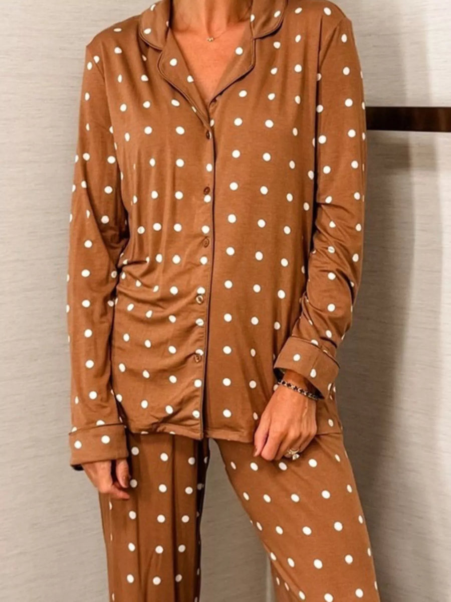 Caramel polka dot pajama set with button detail and collared neckline.