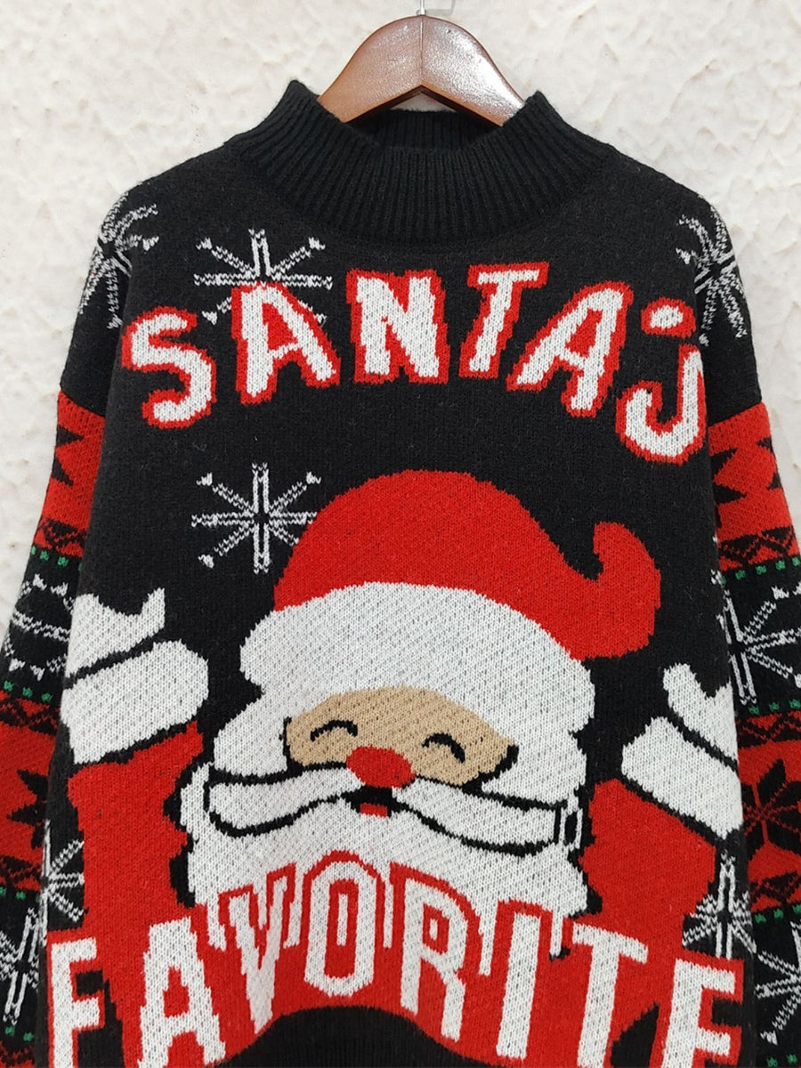 Black acrylic knit sweater with Santa graphic and "Santa's Favorite" text.