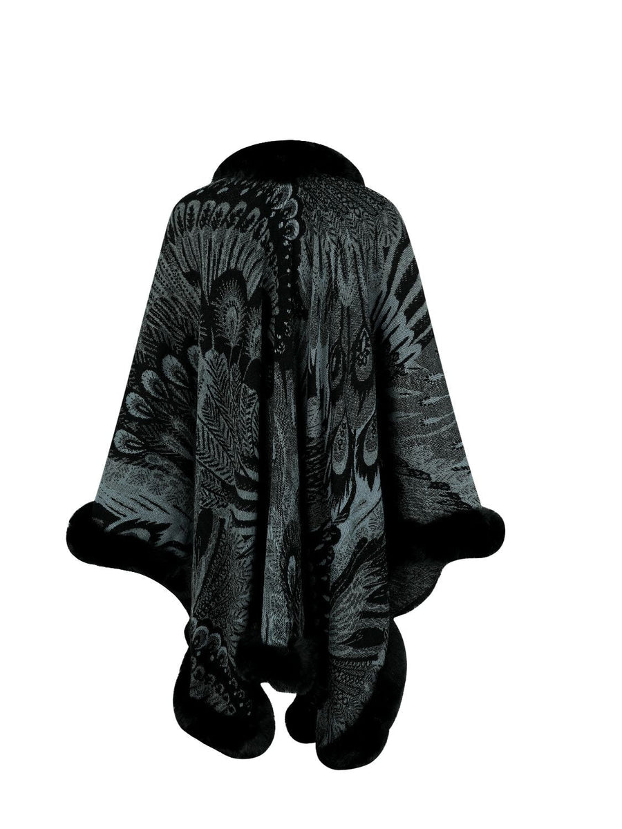Charcoal feather print cape with faux fur trim and collar