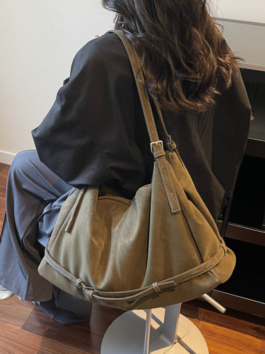 PU Leather Imported Size &amp handbag in olive green with slouchy silhouette