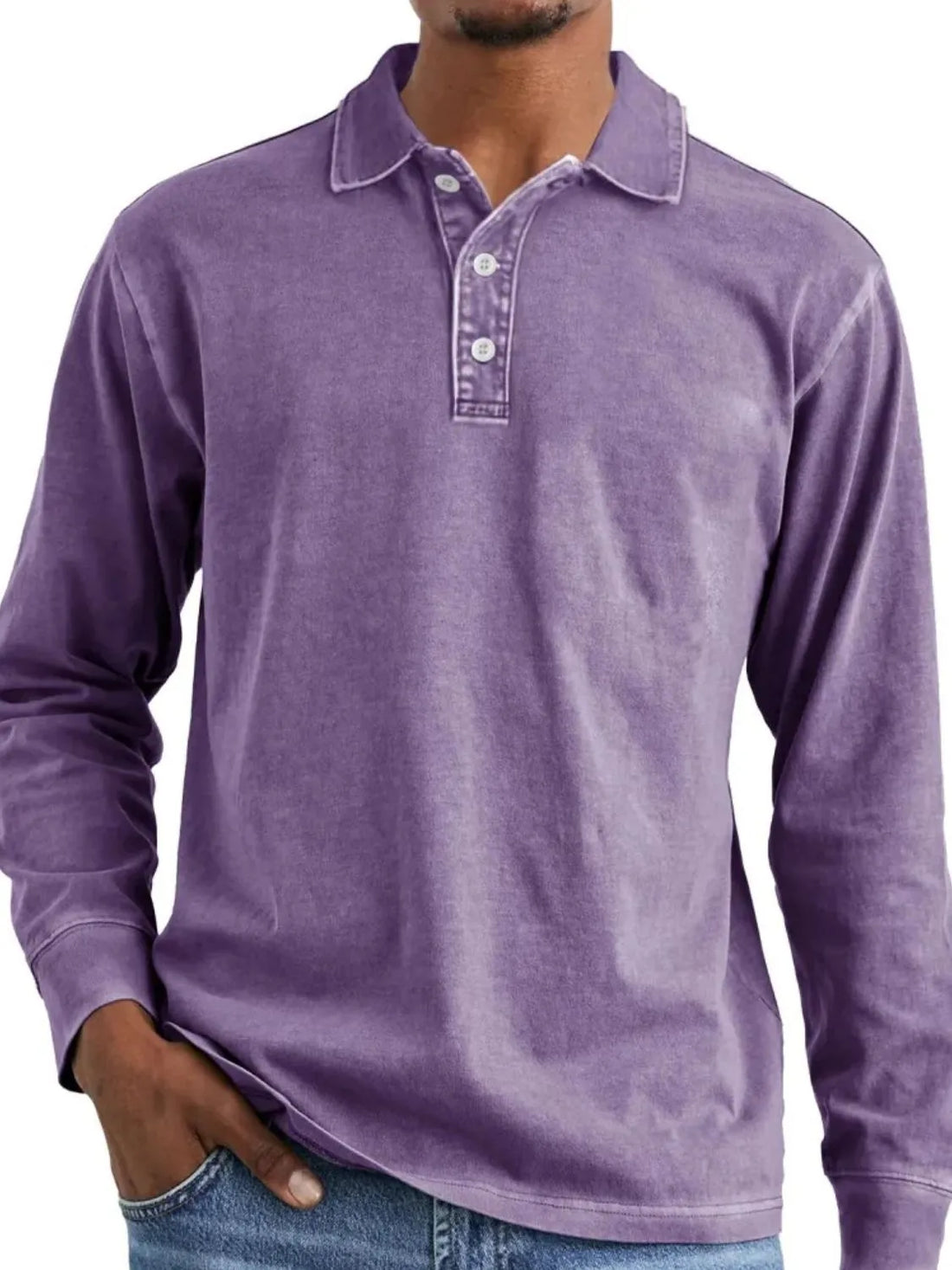 Vintage wash long-sleeve polo shirt in mauve with button placket and collar.