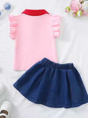 Pink polo top with red collar and ruffled sleeves, paired with a denim skirt.