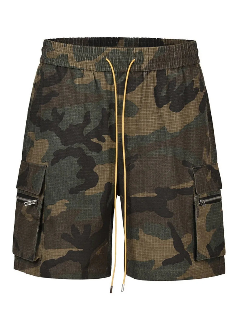 Green camouflage cargo shorts with elastic waist, drawstring, and zippered pockets.