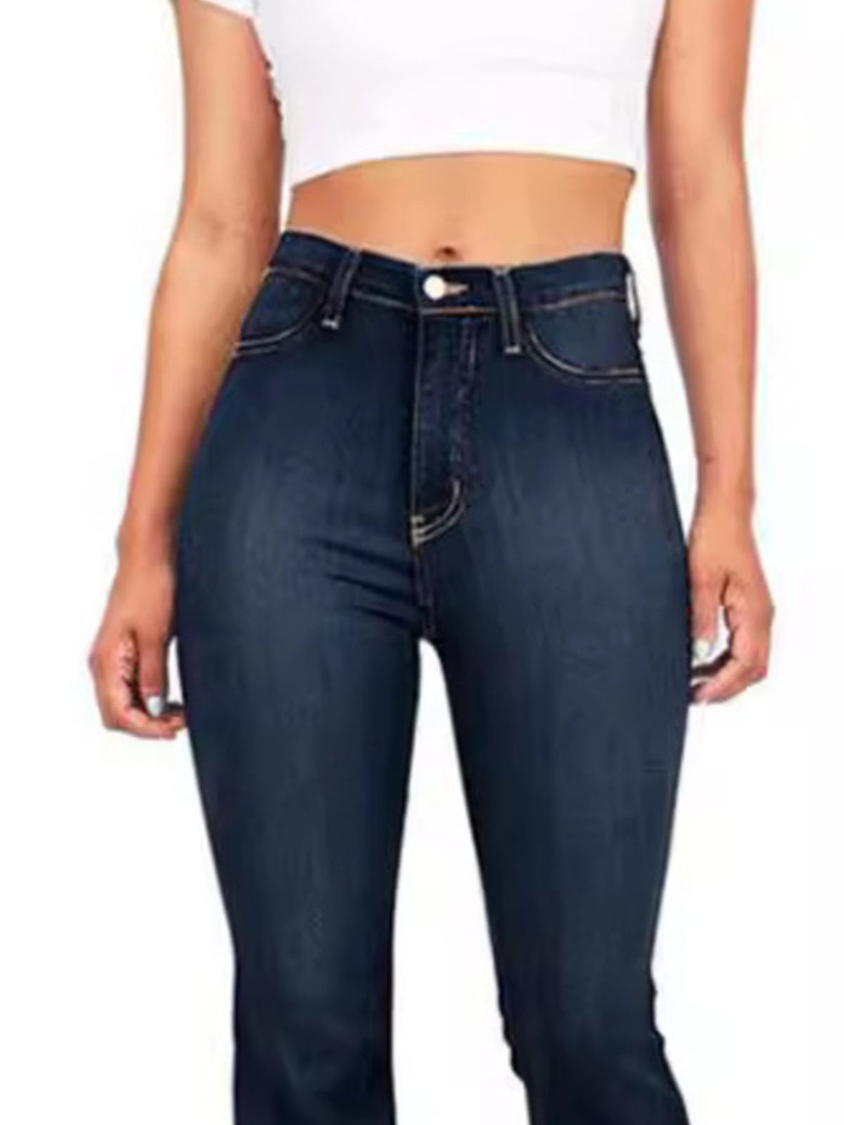 Dark blue cotton bootcut jeans with a high-rise fit.