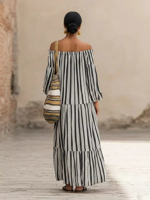 maxi dress in Black with striped and off-shoulder