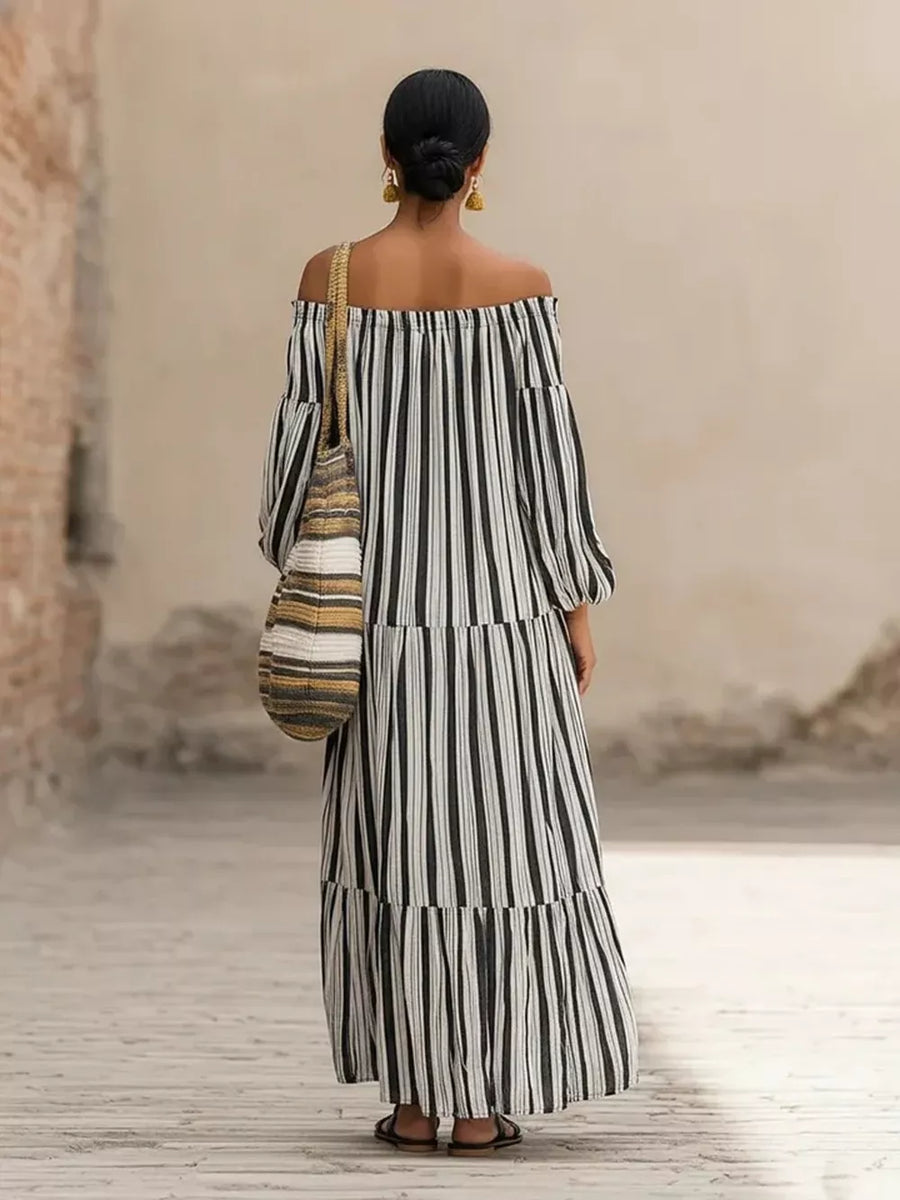 maxi dress in Black with striped and off-shoulder