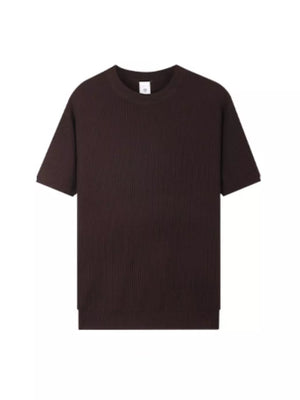 Men's dark brown ribbed knit relaxed fit t-shirt with crewneck.