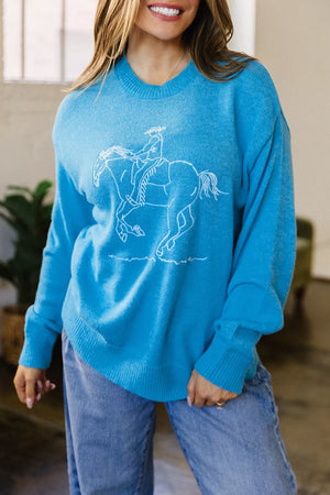 Sky Blue Western Embroidery Drop Shoulder Sweater