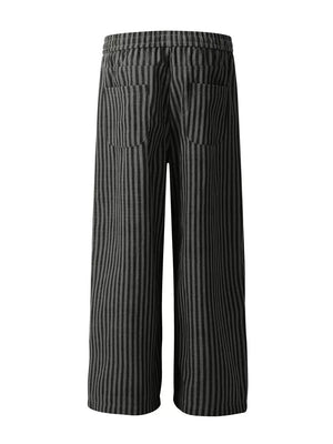 Men's gray and black striped cotton sweatpants with drawstring waist and back pockets.