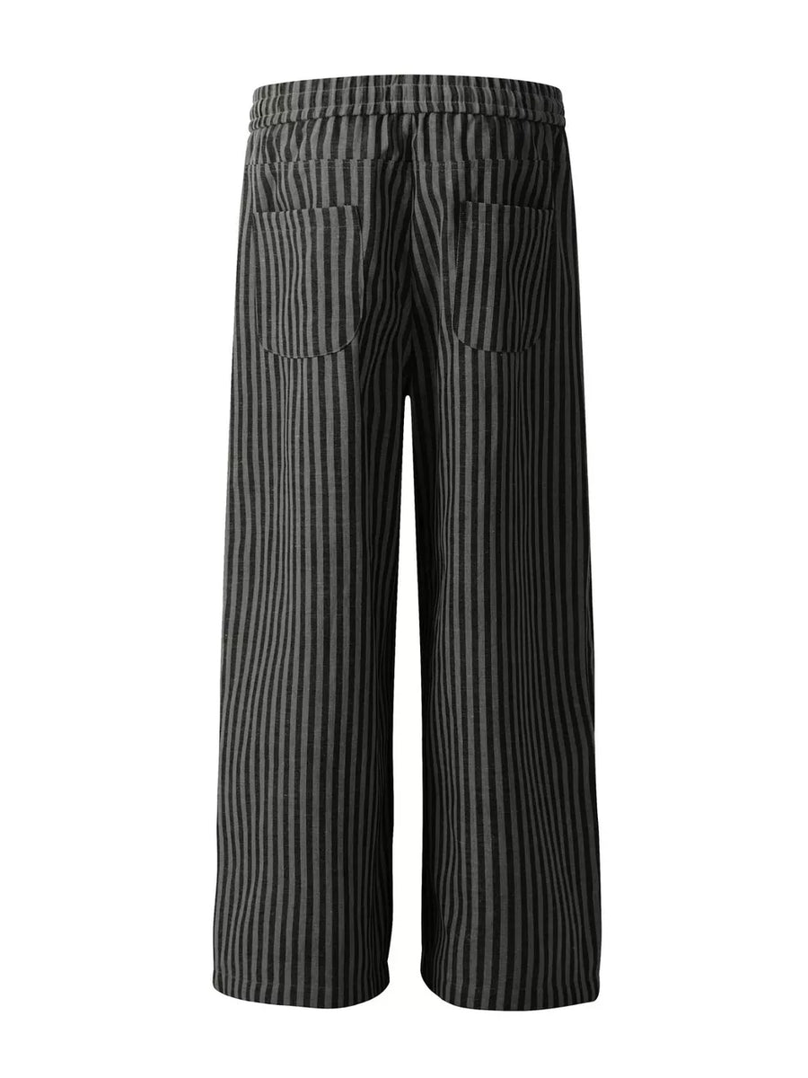 Men's gray and black striped cotton sweatpants with drawstring waist and back pockets.