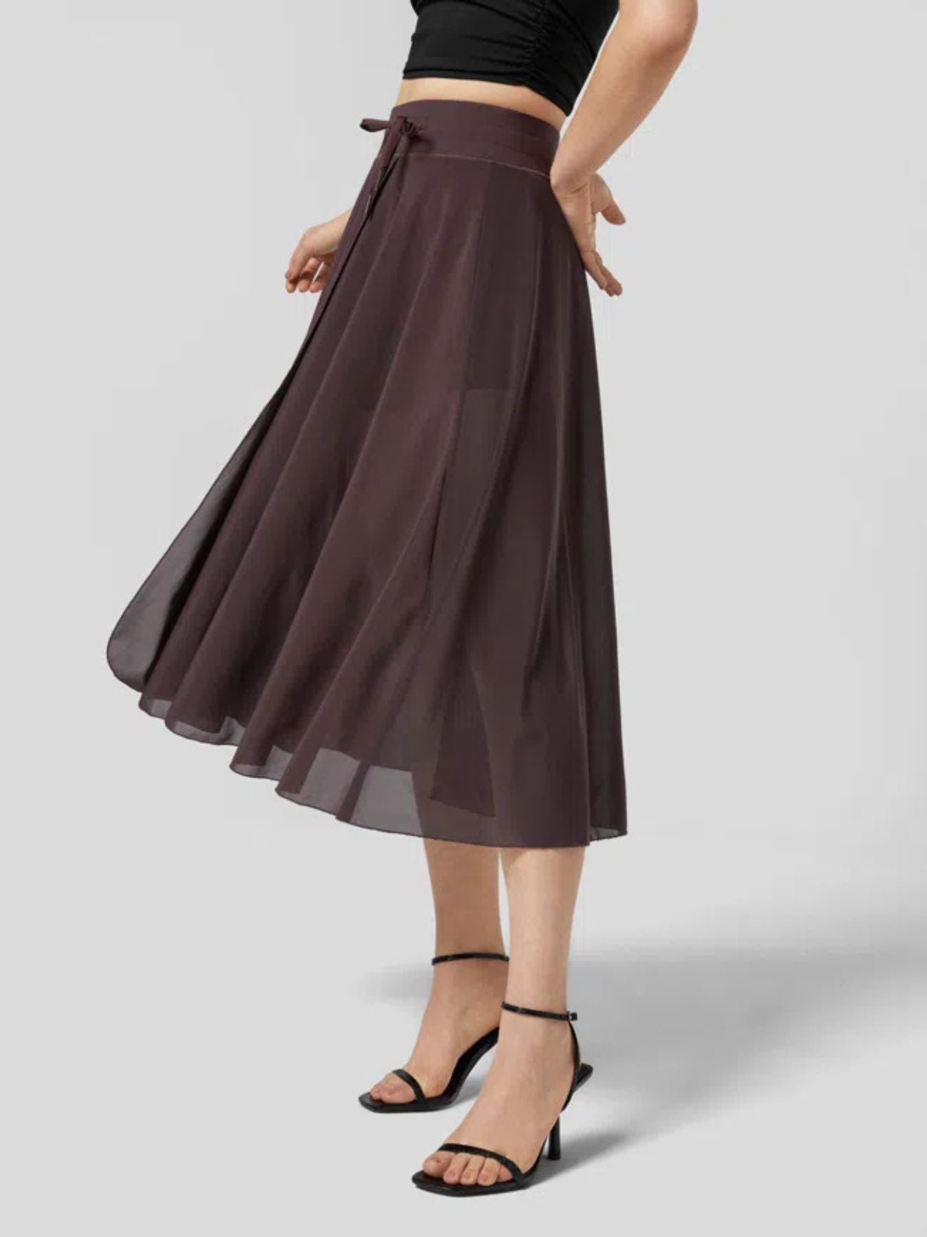 Flowy midi skirt in coffee with drawstring waist and shorts liner.