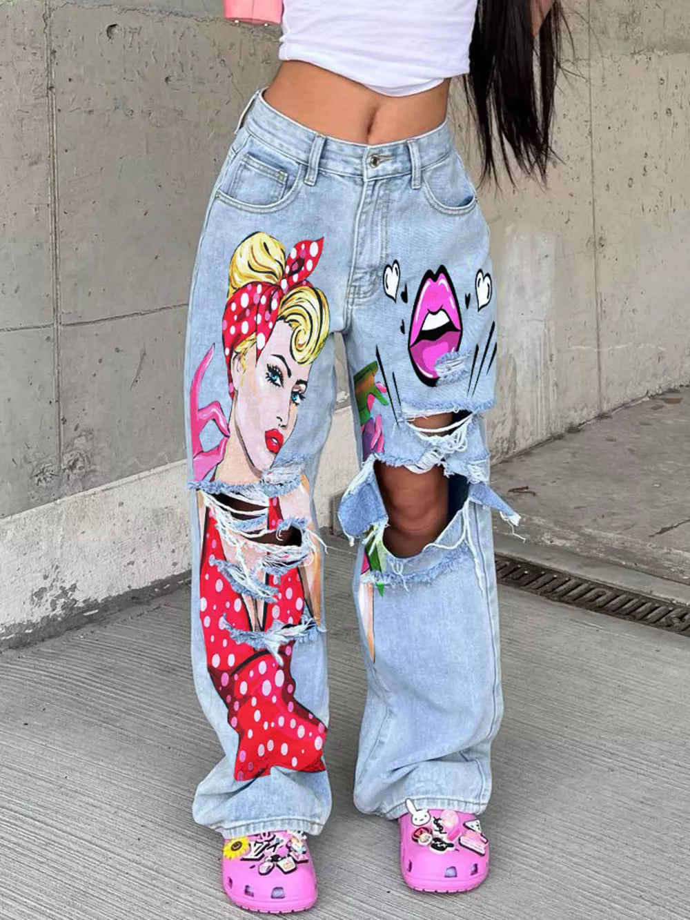 light blue wide-leg jeans with art print and not applicable