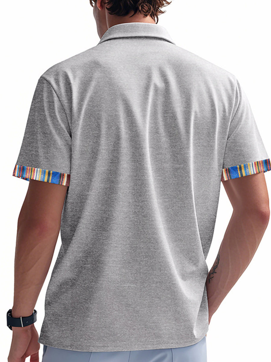 Men's light gray short sleeve cotton shirt with vibrant striped trim on sleeves.