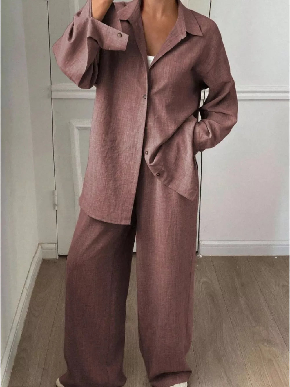 light beige two-piece set with hip-length and button-front